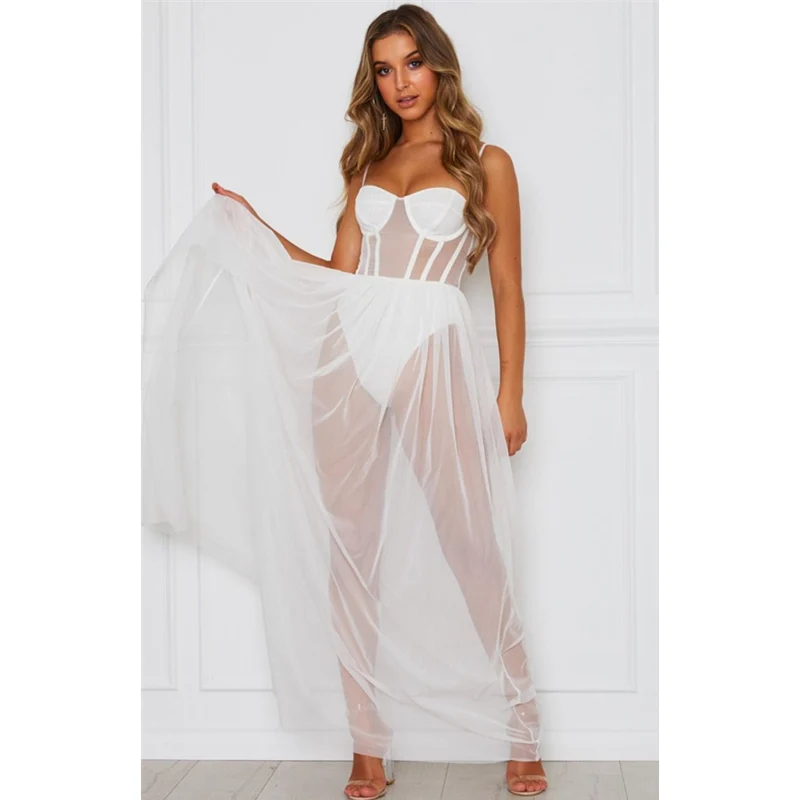 

Women Sexy High Waist Halter Party Evening Cocktail Dress Elegant Mesh See Through Off Shoulder Corset Slit Long Dress