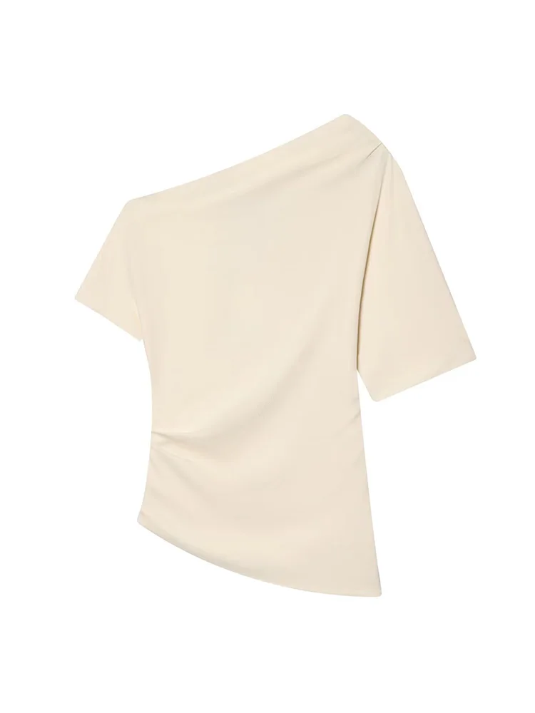 

HH Woman Fashion Short Sleeve Pleated Decoration Oblique Collar Asymmetry Top Female Spring Side Zipper The Waist Solid Tops