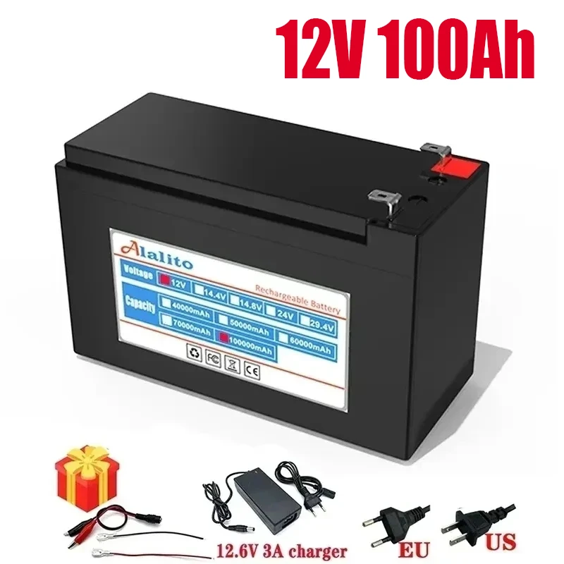 

12V Battery 100Ah 18650 lithium battery pack Rechargeable battery for solar energy electric vehicle battery+12.6v3A charger