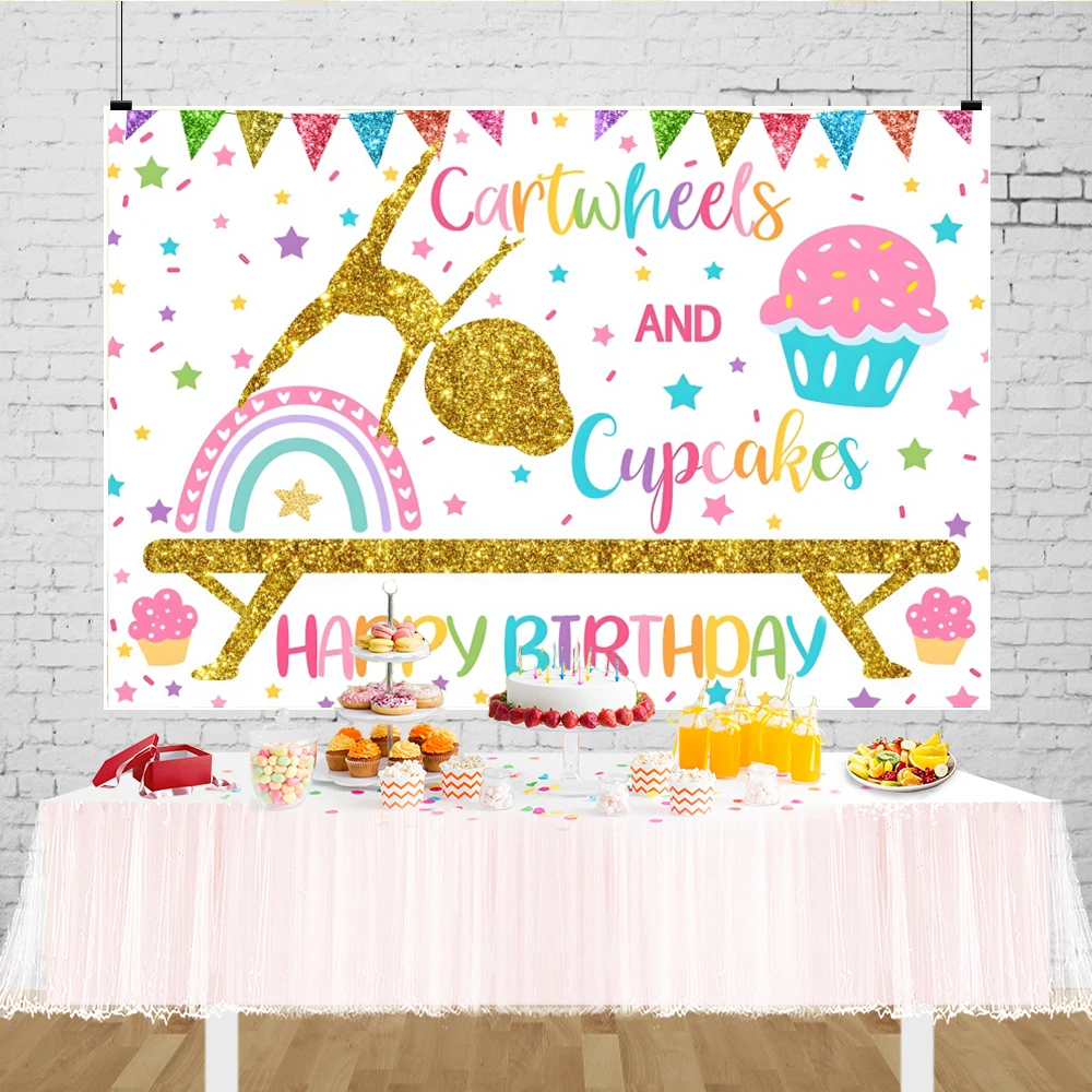 Backdrop Birthday Party Gymnastics Party Decorations Banner for Gymnast Girls Flip Tumble Jump and Play Photography Background