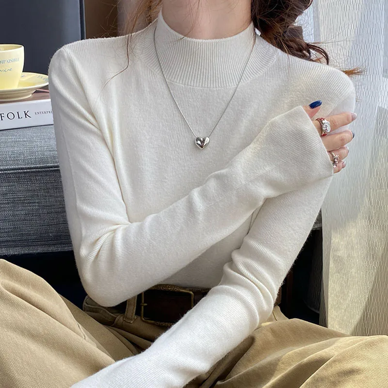 

Fashion Long Sleeve Knitted Sweater Women Pullovers Mock Neck White Black Knit Sweater Pullover Women Tops Sueter Feminino Q973