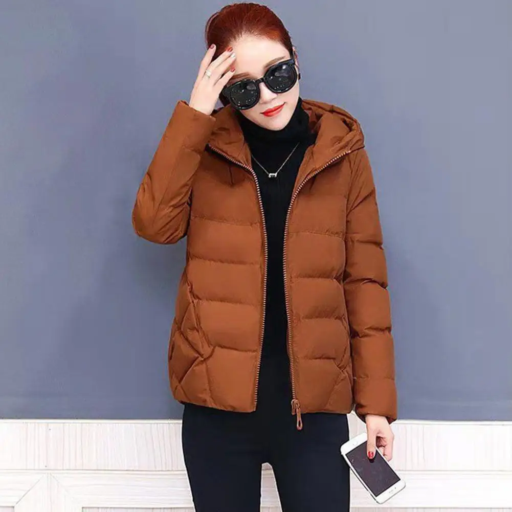 Women Parkas Winter Zipper Closure Hooded Outerwear Solid Color Long Sleeve Loose Quilted Coat Female Down Coat For Cold Weather