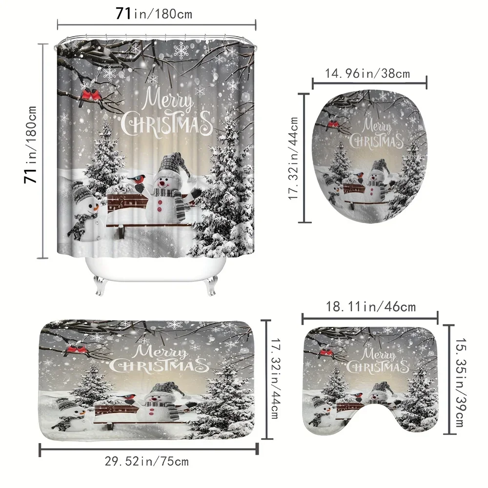 Modern bathroom shower curtain Waterproof family carpet Christmas 4-piece toilet seat cover Carpet bathroom non-slip floor mat