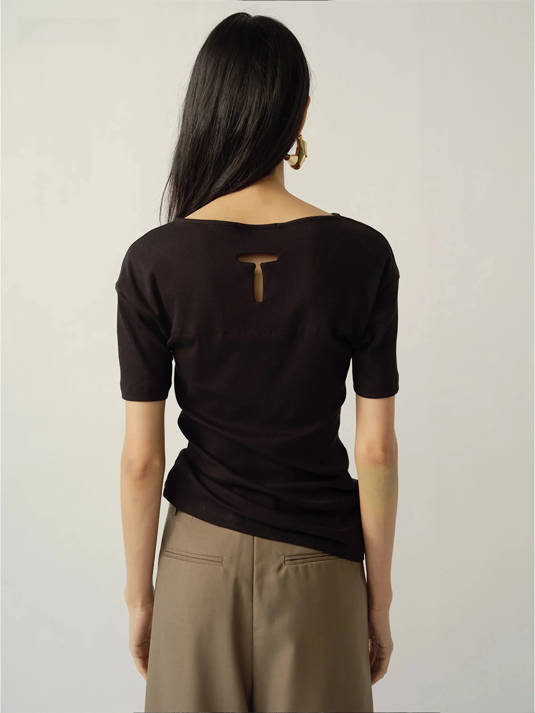 

TENSPHER Original Short Sleeve T-Shirt Women's Casual Pure Color High-End Feeling Back Hollow T-Shape Summer Top