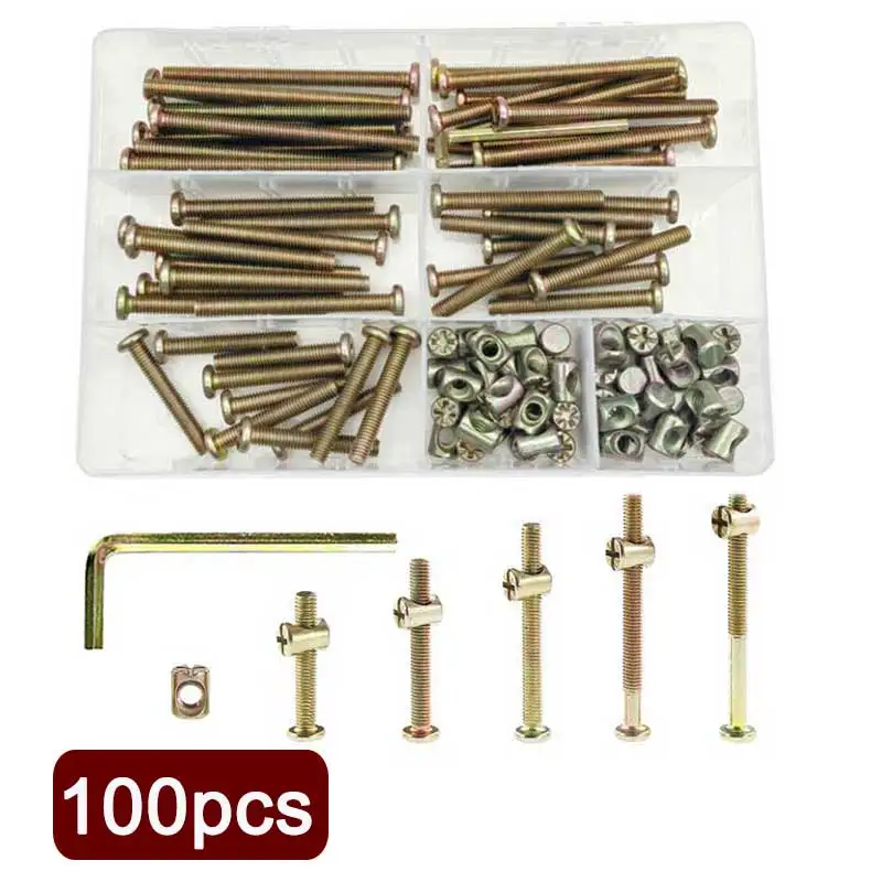 100 unids/set tornillos de cuna piezas de repuesto pernos de cuna de cama de bebé y tuercas de barril para muebles cama litera M6 * 12-80mm pernos de cuna