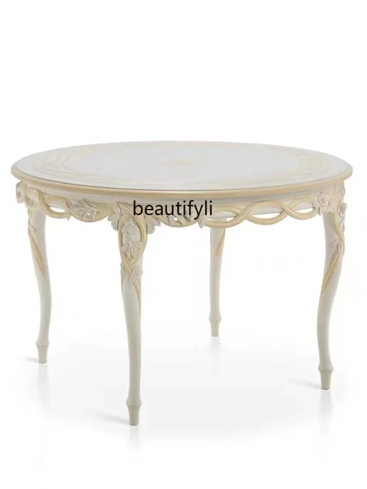 

French light luxury solid wood carving flower dining table and chair combination retro luxury round dining table European style2