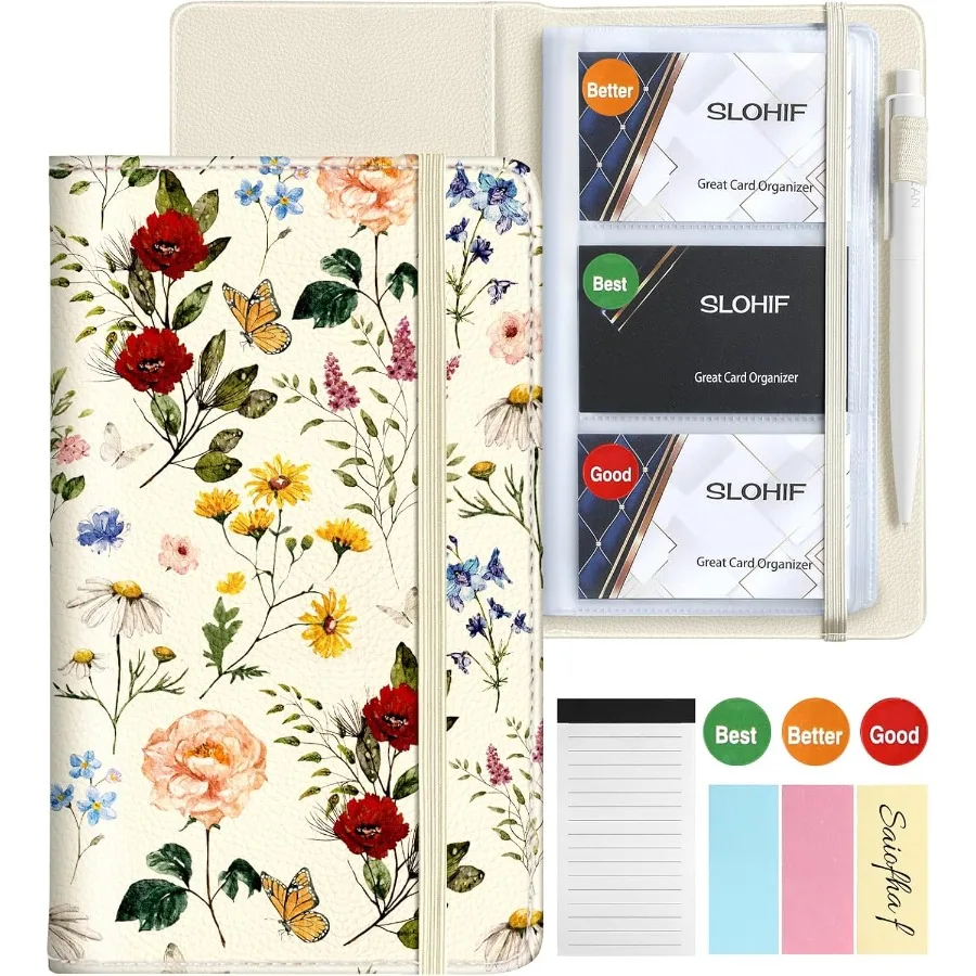 بطاقة الأعمال حامل كتب المنظم البيج زهرة الأزهار طباعة الكتب الجلدية الموثق يحمل 240 بطاقة بطاقة الهدايا الائتمان مع Stic #1