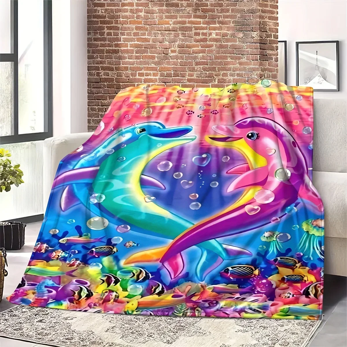 Colorful Heart Dolphin Coral Bubble Underwater Warm Flannel Blanket, Ocean Cartoon Print for Sofa Bedroom Camping Family Warm