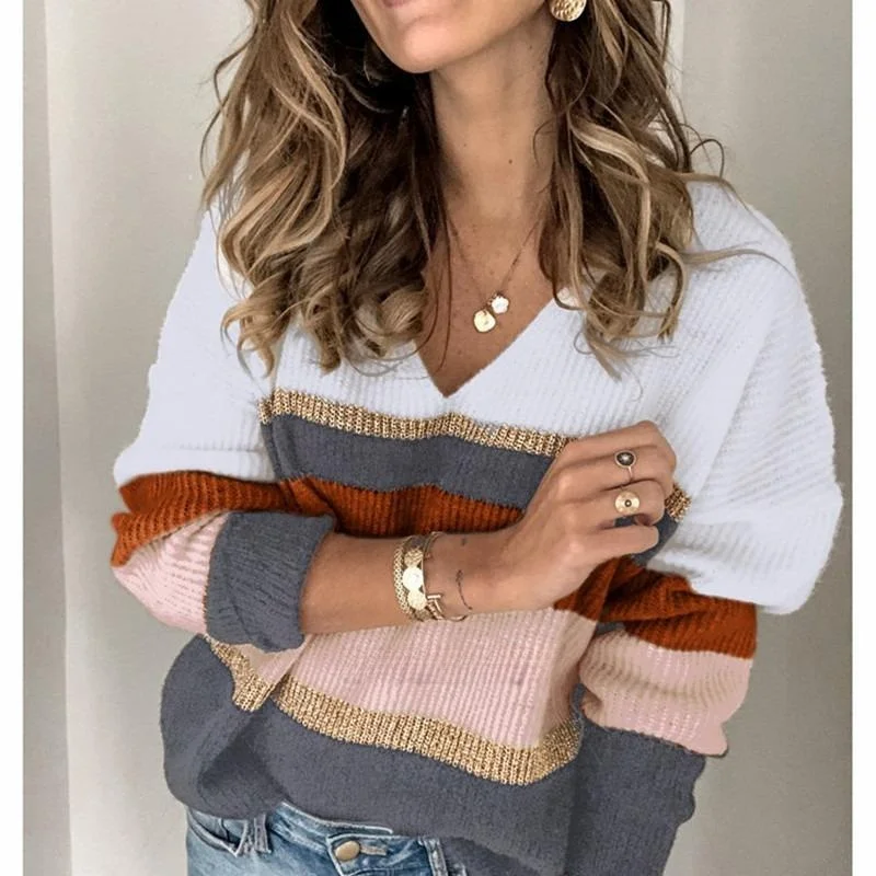 

Женский вязаный свитер с V-образным вырезом, осень-зима, длинный топ в полоску, модный, удобный, дышащий