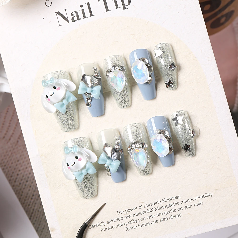 24Pcs/box Cinnamoroll Glitter Press on Nails with Opal Gems Y2K Blue Bow Charms Manicure Patch Fake Nails Detachable False Nails