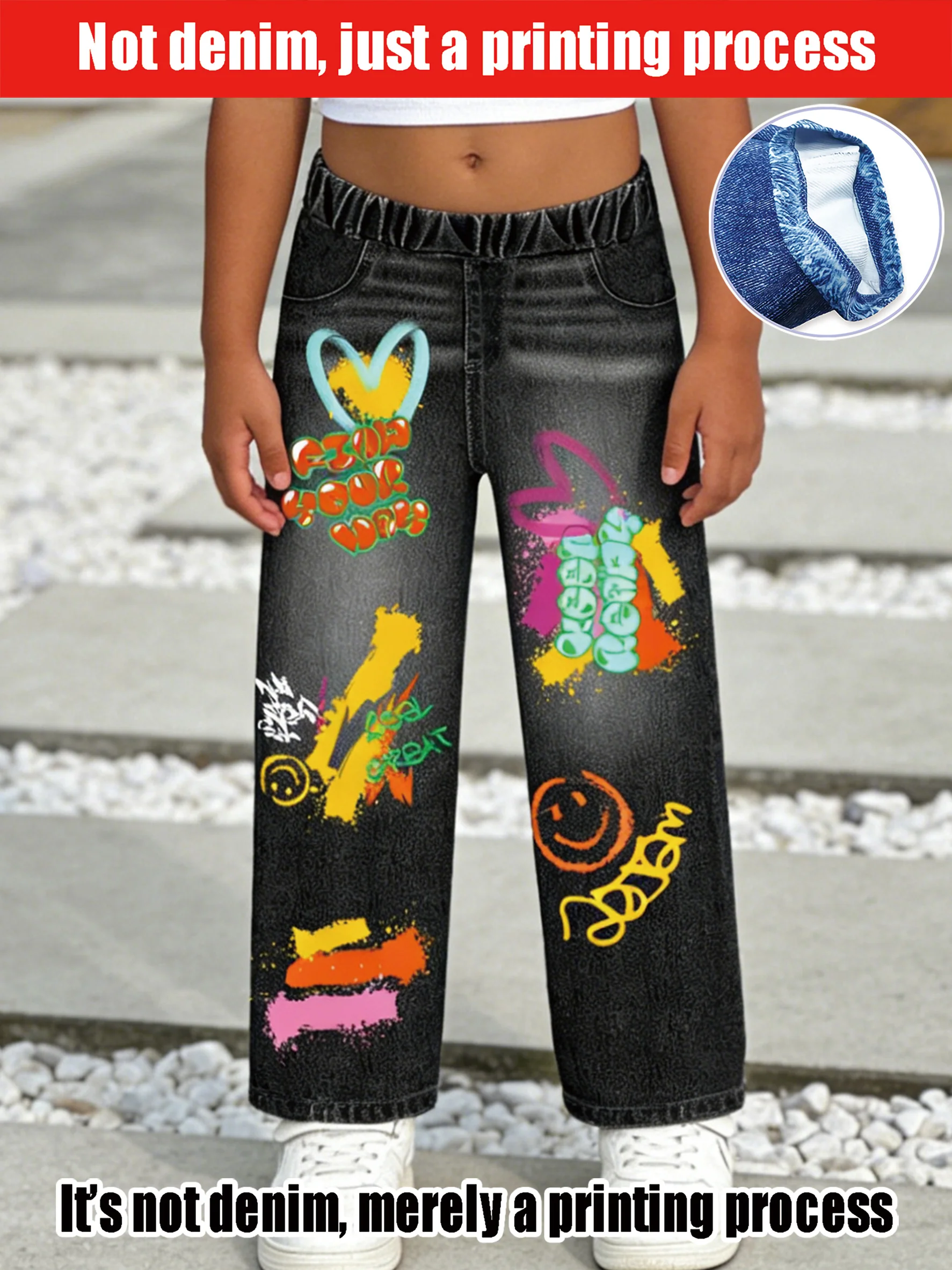2026 children's black imitation denim wide-leg pants, colorful graffiti