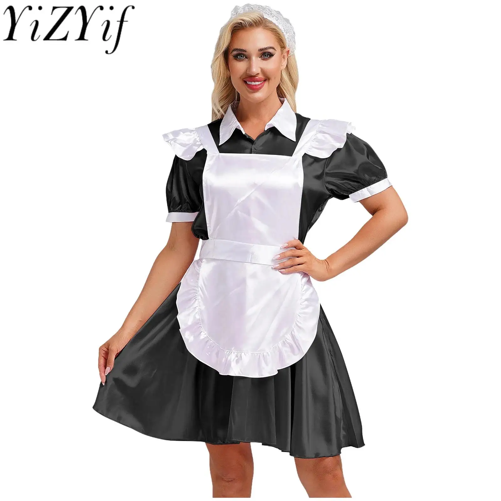 

Sweet Maid Servant Costume Adult Women Puff Sleeve Stain A-line Cute Dress with Apron And Headband for Halloween Party Carnival