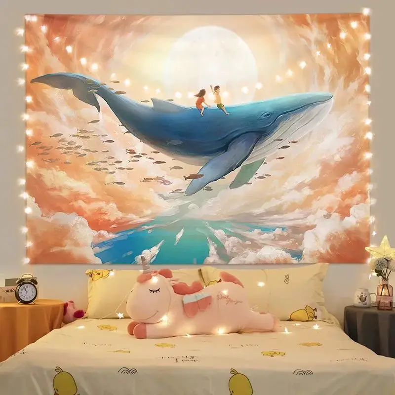 VIKAMA Light Blue Cloud Moon Flower Oil Painting Decorative Tapestry Wall Hanging Room Decor Bedroom Dorm Dreamy Soft Durable