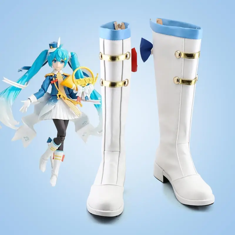 Miku Snow Parade Anime Scarpe Cosplay Stivali bianchi fatti a mano in ecopelle Stivali per feste di carnevale di Halloween