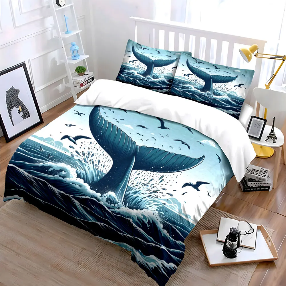 Majestic whale tail amidst waves Bedding Set for Kids Luxury Gift 3pcs Digital Print Comforter Set Soft Comfortable Breathable