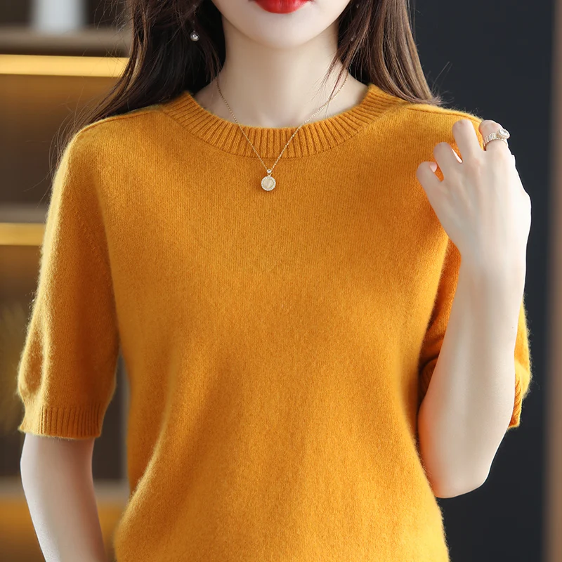 Hot Sale 100% Wool Women\'s Sweaters And Pullovers Autumn Female O-Neck Cashmere Clothing Short SLeeve Soft Jumper Tops Spring