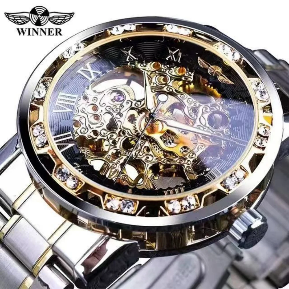 Light Luxury Men's Fashion Mechanical Watch with Diamond Inlays, Skeleton Design Stainless Steel Strap Watch, Stylish Casual Versatile Watch for Handsome Male Students, High-Value Gift Choice