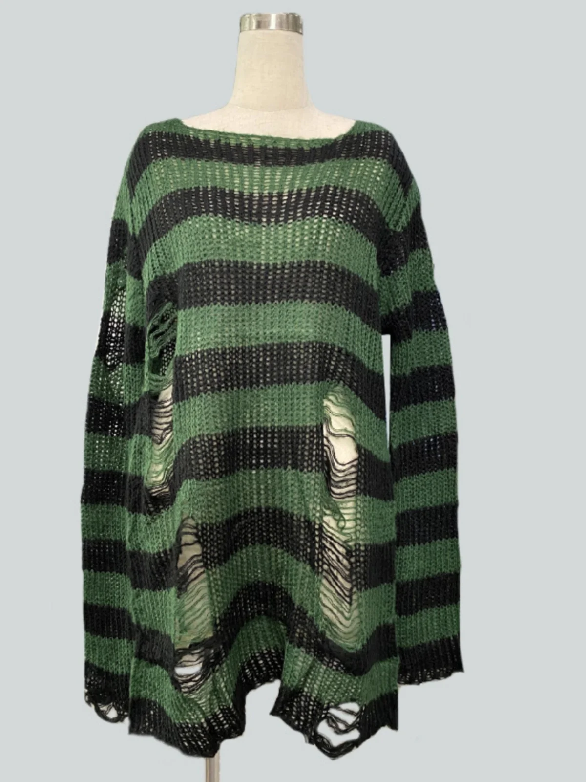 Casaco de Pele Longo Listrado para Mulheres, Estilo Solto, Design com Furos, Suéter de Comprimento Médio para Outono