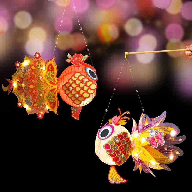 1 Set Handmade Chinese New Year Mid-autumn Festival Goldfish Paper Lantern Set For Night DIY Lantern With Carrying Pole