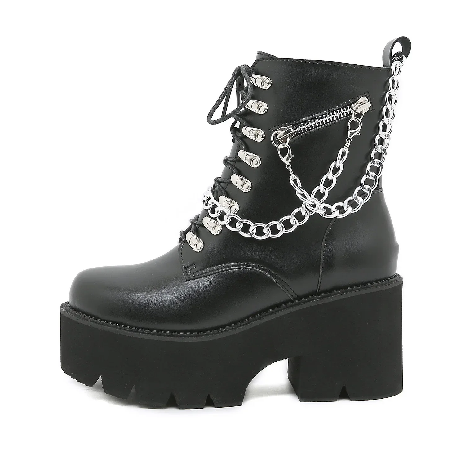 

New 2025 Fashion Women Ankle Boots Platform High Heel Ladies Riding Boots with Chain Female Black Thick Sole Short Boots Shoes