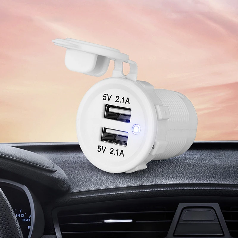 12V/24V Car Charger White Dual USB Car Motorcycle Ship Yacht With blue led light Car charger Modified Accessories