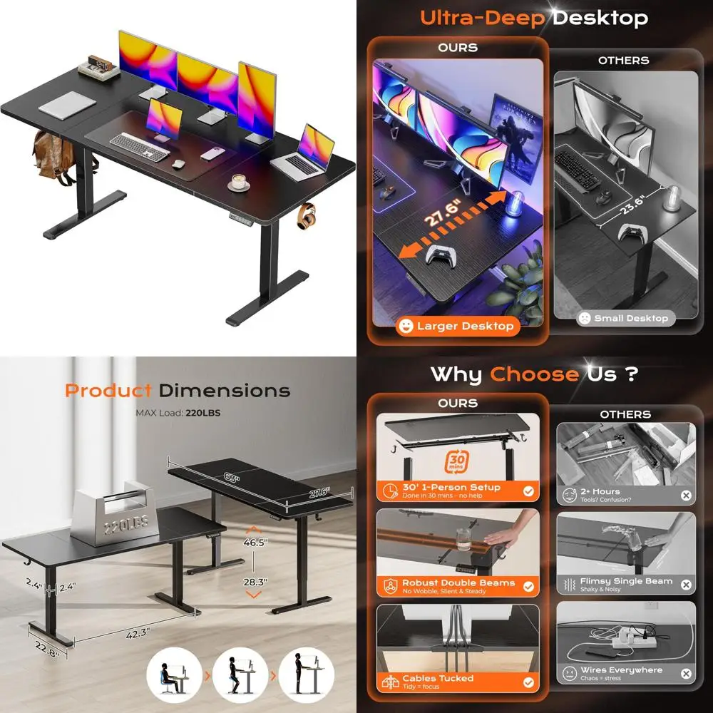 

Large 63 x 28 Electric Height-Adjustable Standing Desk, 27.6 Deep for Gaming and Office Use