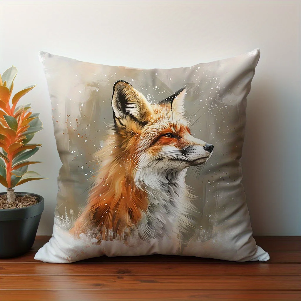 1pc Cute Fox Print Cushion Cover 17.7x17.7 inches - Contemporary Style Polyester fabric Sofa Pillow Case Without Insert