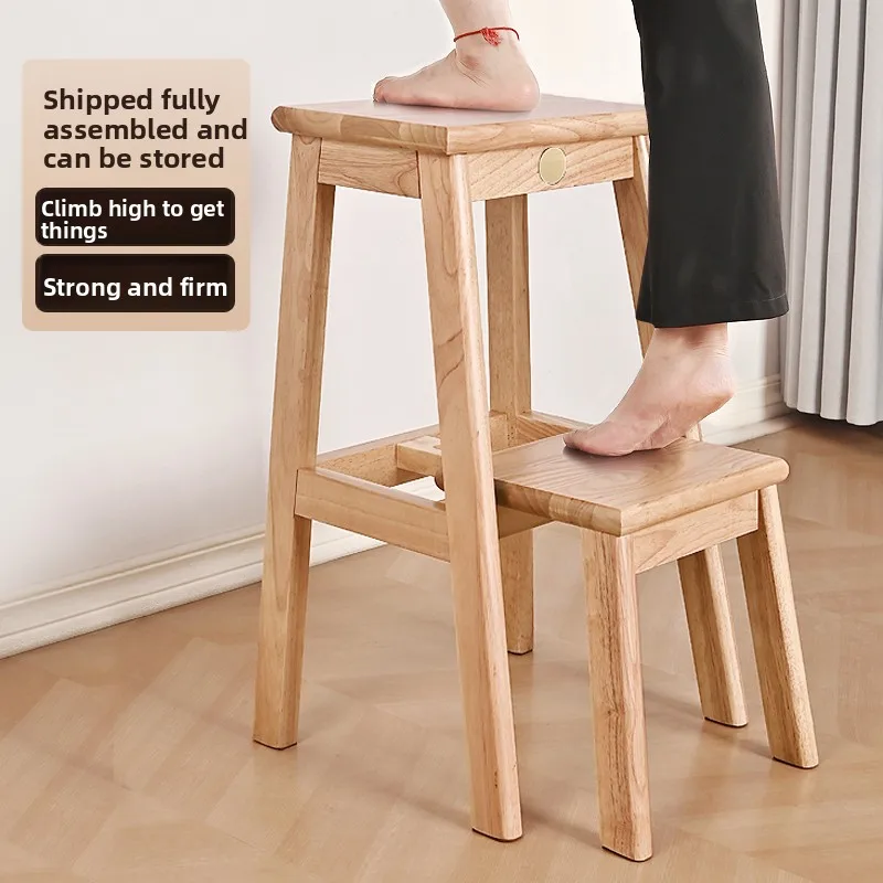 Ladder stool climbing and picking up objects Log color Thickened household work Multifunctional ladder solid wood high stool