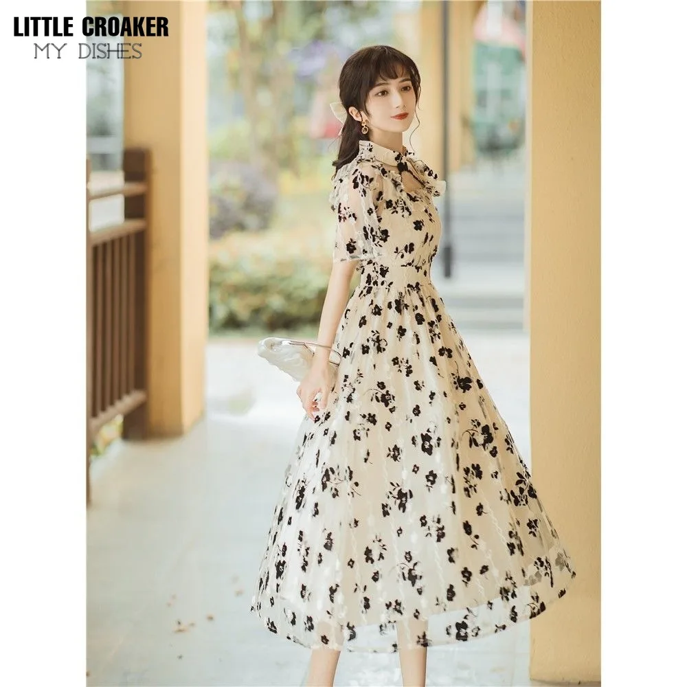 Retro French Young and Improved Version Cheongsam Women's Summer Bubble Sleeve Fragmented Mesh Show Thin Lace Dress Fairy