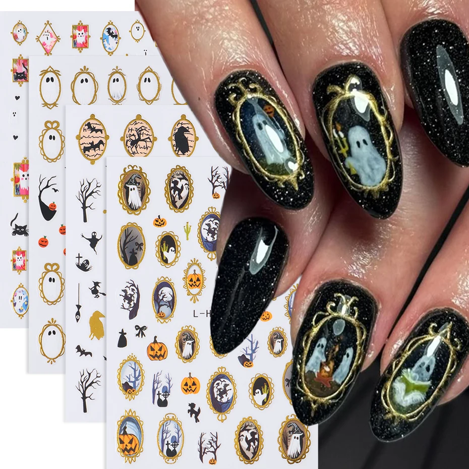 Halloween Oil Metal Nail Stickers Ghosts, Pumpkins, Little Devils Design Self-Adhesive 3D Nail Decals for Halloween Theme Nail