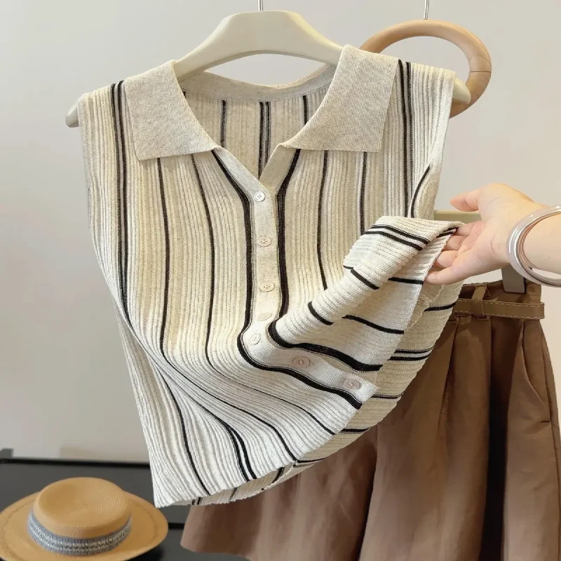 Women Striped Ribbed Knit Vest Polo Collar Sleeveless Button Front Loose Casual Summer Tank Top