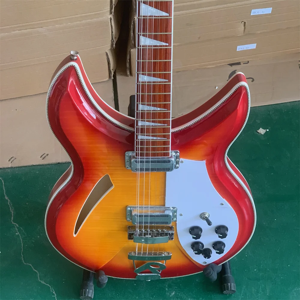 12 Strings 330 360 381 Semi Hollow Body Cherry Red Electric Guitar Flame Maple Top & Back, Checkerboard Binding Guitars Guitarra