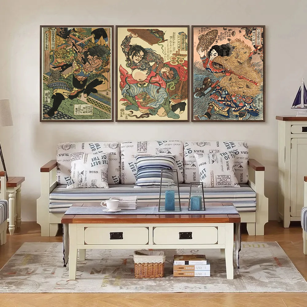 Antique Japanese Utagawa Kuniyoshi Ukiyo-e Heroes of The Water Margin Samurai Canvas Poster Wall Art Pictures Home Decor Gift