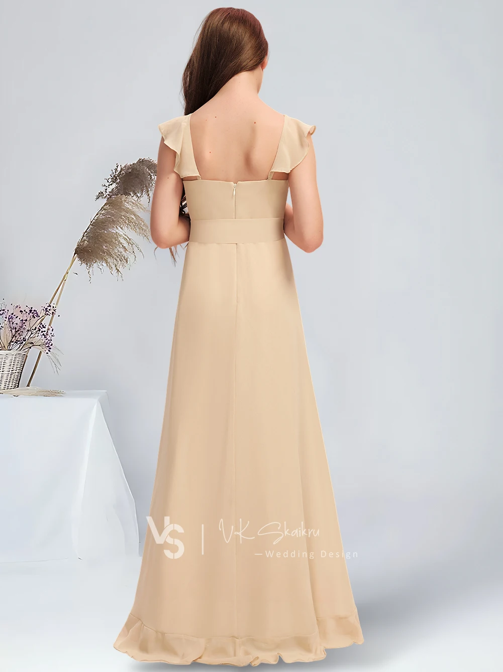 A-line V-Neck Asymmetrical Chiffon Junior Bridesmaid Dress With Cascading Ruffles Champagne Flower Girl Dress for Wedding Teens