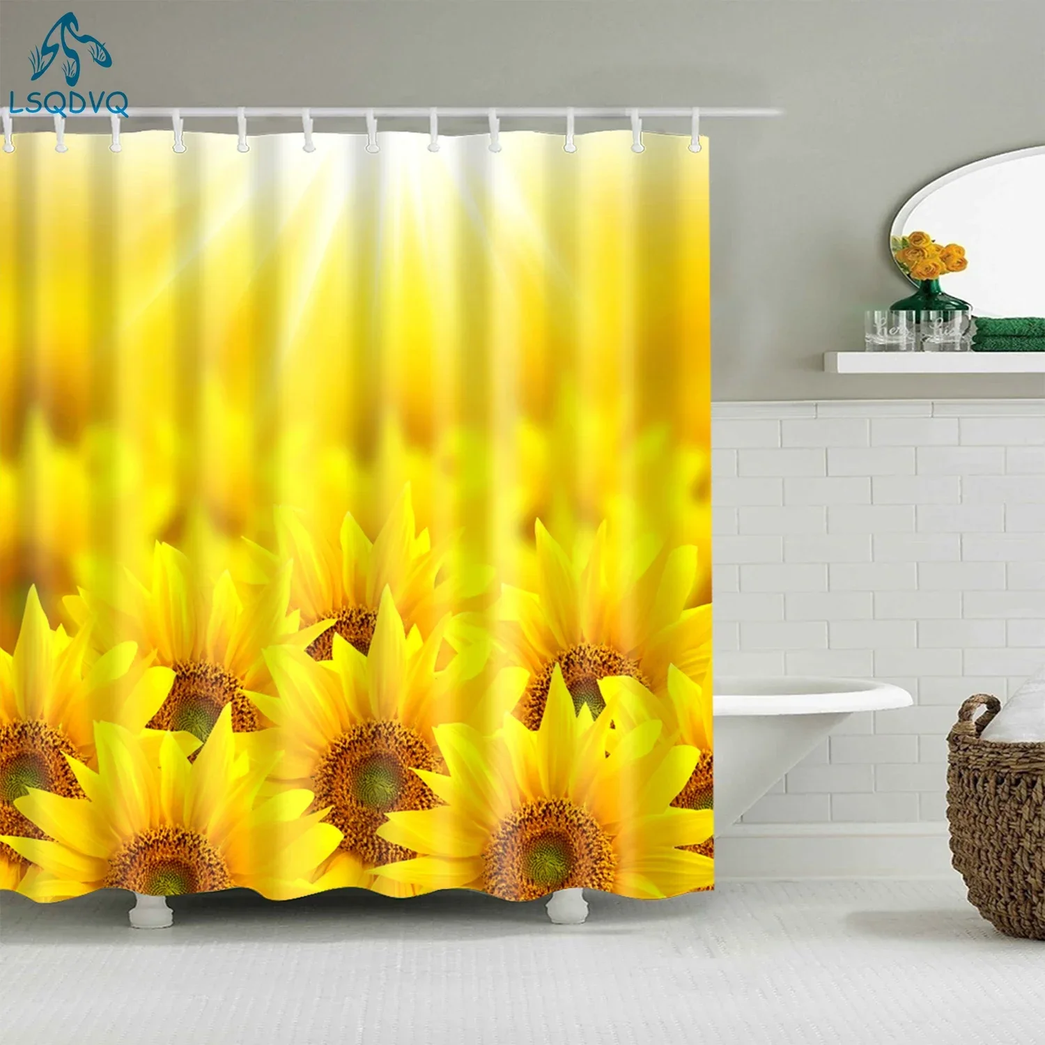 Tropical Green Plant Palm Leaf Cactus Sunflower Seaside Scenery Coconut Tree Frabic Polyester Shower Curtain Bathroom Curtain
