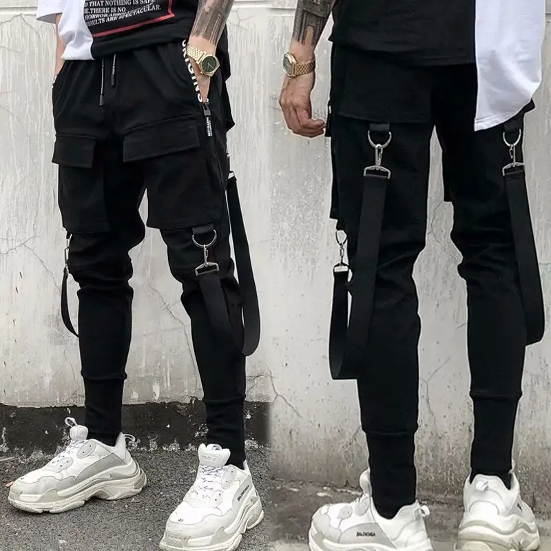 Pantalones ajustados de moda para hombre, ropa de calle con cinta Harajuku, pantalones Cargo negros para hombre, ropa informal para correr,