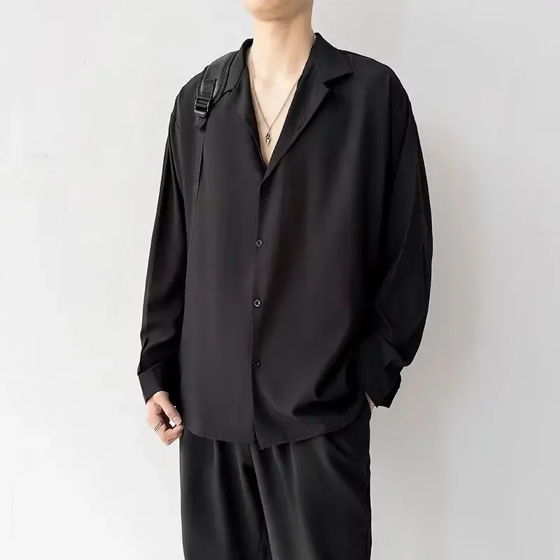 

Korean Fashion Men's Shirt Spring Summer New Loose Casual Long-sleeved Lapel High Street Male Suit Shirt White Black Gray Green