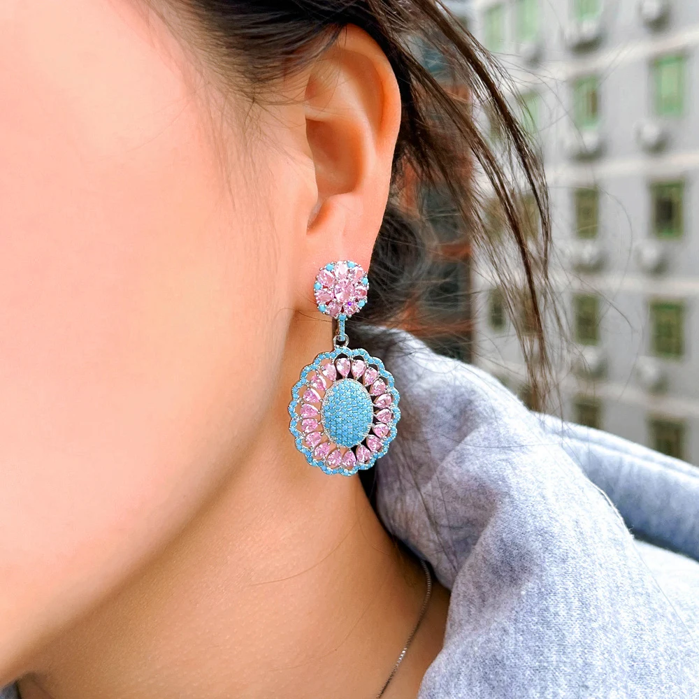 CWWZircons Heavy Stone Work Light Blue and Pink Cubic Zirconia Pave Big Long Flower Earrings Luxury Party Wedding Jewelry CZ736