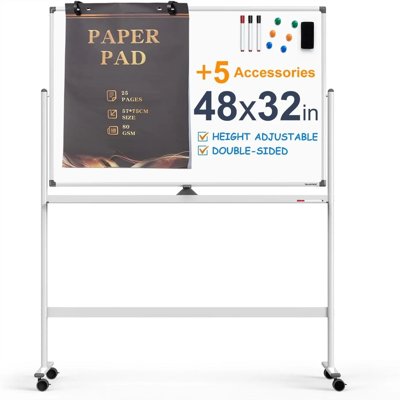 

Large Dry-Erase Rolling Magnetic Whiteboard 48x32 Inches Double Sided Mobile Easel with Stand Height Adjustable for Office Home