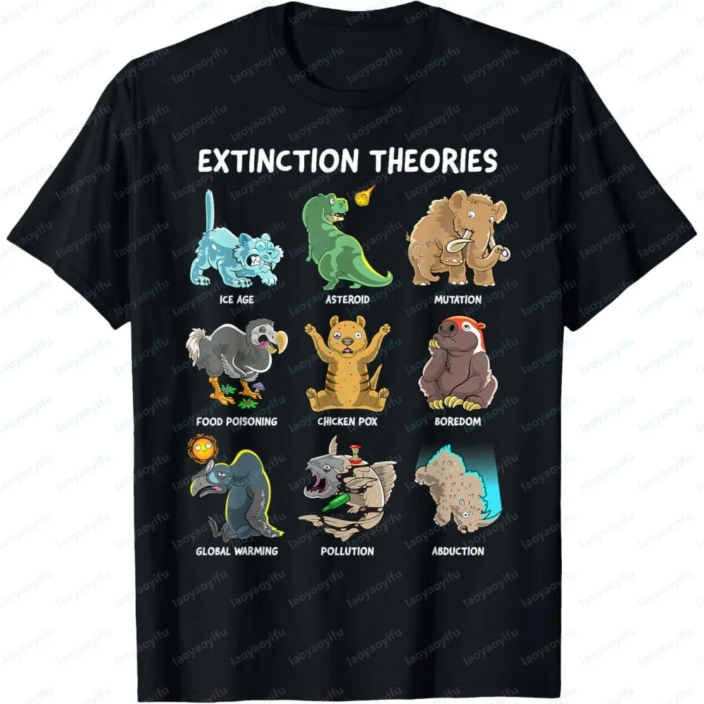 Funny Dinosaur Extinction Theories Cartoon Graphic Unisex T-Shirt Summer Fashion Short Sleeve Tee Science Geek Humor Casual Tops