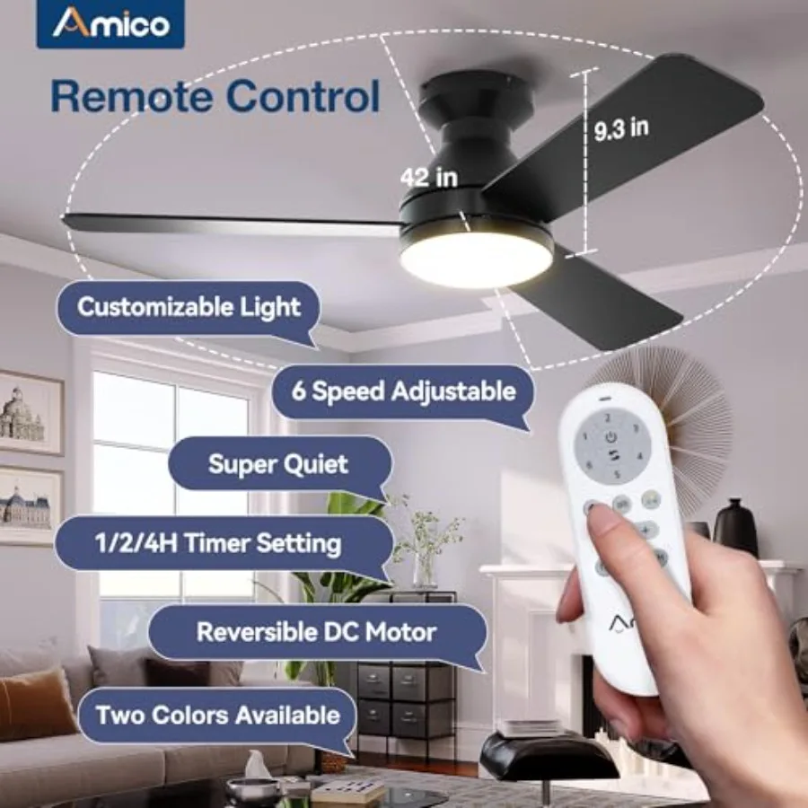 Ceiling Fans with Lights, Low Profile Ceiling fan with Light and Remote Control, Flush Mount, Reversible, 3CCT, Dimmable, Noise