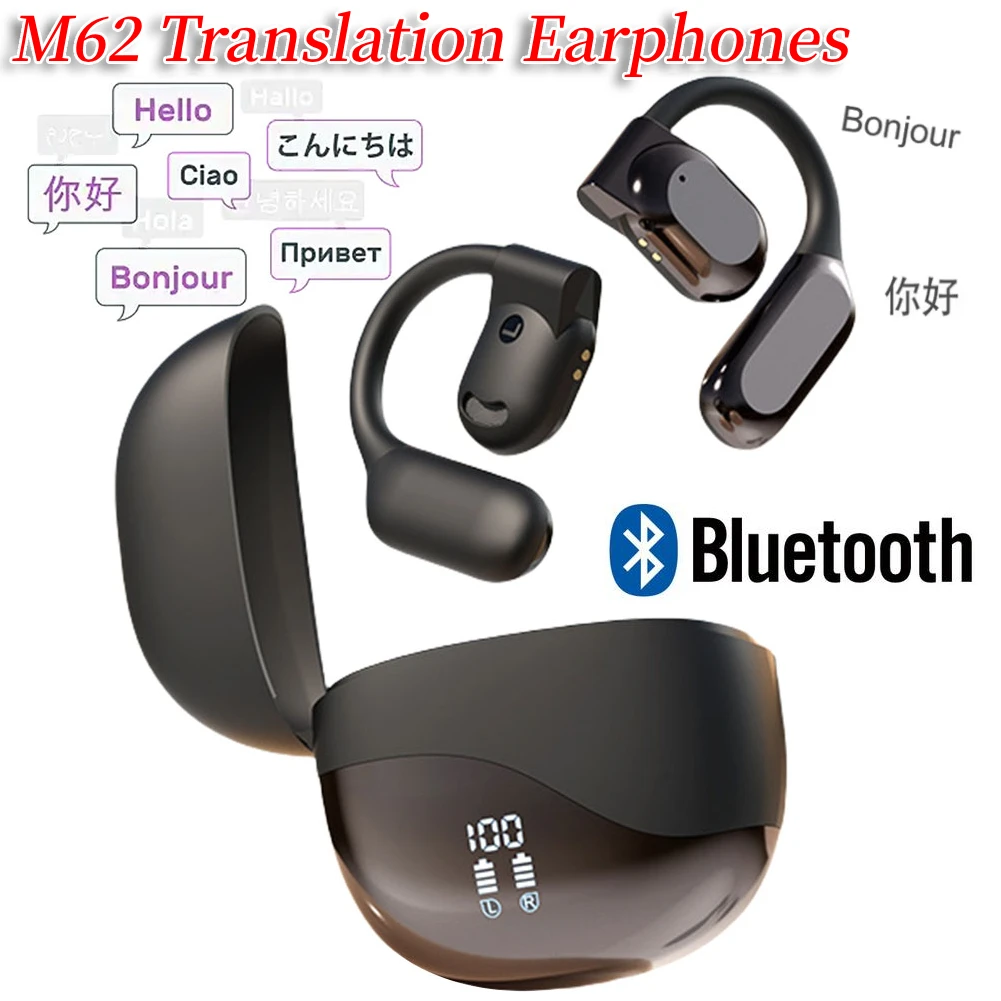 M62 Translator Earbud Wireless Earphones Bluetooth Translation Earbuds Noise Cancelling Real Time AI Translator Earbuds Ear Hook