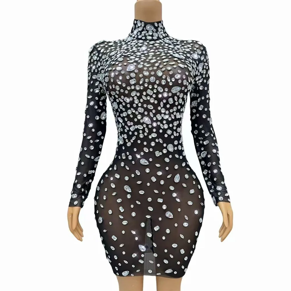 

Sexy Transparent Mesh Flashing Big Silver Rhinestone Dress Birthday Evening Nightclub Party Luxury Gown Singer Perform Costume