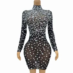 Sexy Transparent Mesh Flashing Big Silver Rhinestone Dress Birthday Evening Nightclub Party Luxury Gown Singer Perform Costume