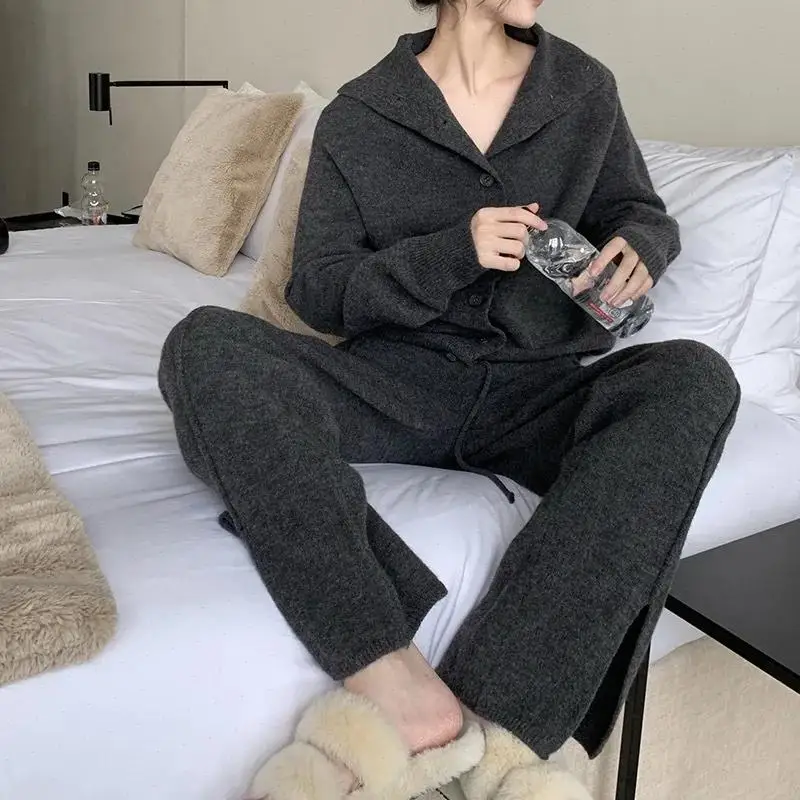 Two Piece Pant Sets Knit Women Single Breasted Sweaters Lapel Wide Leg Pants Casual Suits Split Trousers Solid Spliced Autumn