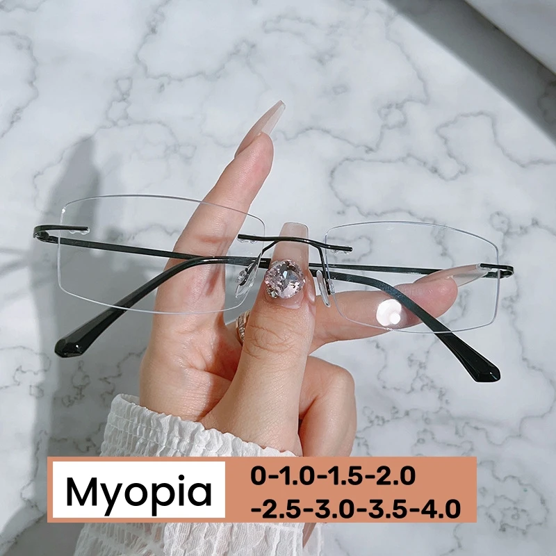 Rimless Finished Myopia Glasses for Women Men Vintage Anti Blue Light Eyeglasses Trendy Minus Eyewear with Diopter 0-1.0-4.0