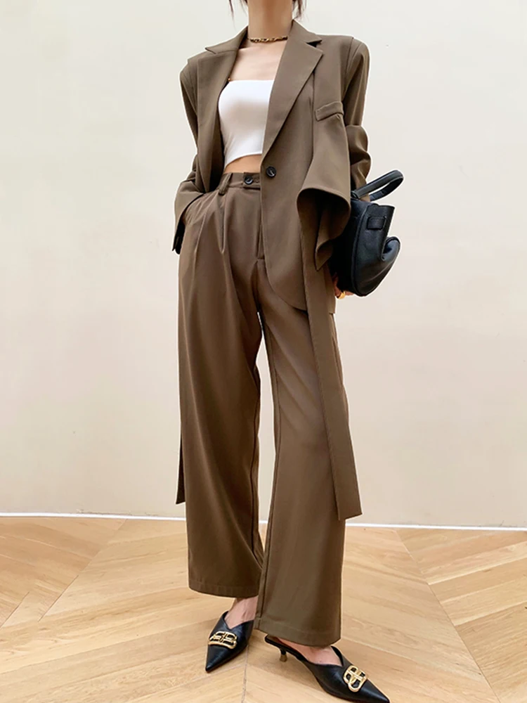 DEAT Fashion Women\'s New Solid Notched Loose Single Button Blazer High Waist Straight Long Pants Female Tide Summer 2024 17A2339