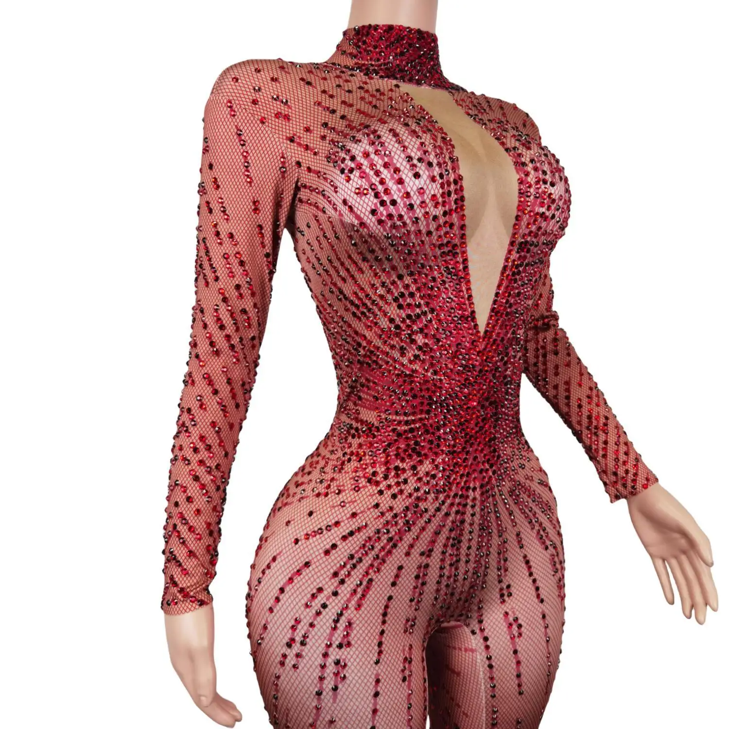 Imagem -04 - Bodysuits Diamante Vermelho Cintilante para Mulheres Manga Comprida Collant Decote v Trajes de Palco para Senhoras Macacão de Peça Única Strass Sexy