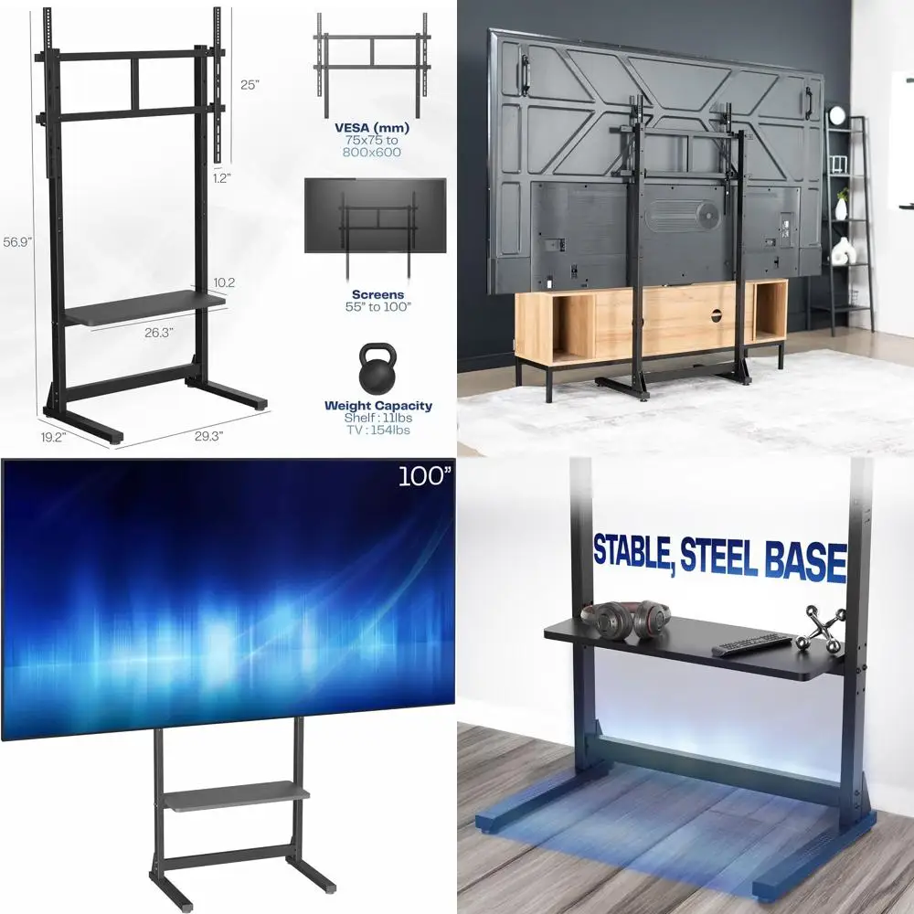 Sturdy TV Floor Stand for 55-100 Inch Screens, Supports Up to 154 lbs, with Storage Shelf, Black