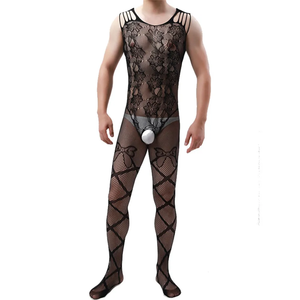 Sexy High Elastic Hollow out Floral Pattern One-Piece Men's Bodysuit Tight Sleepwear Comfortable Menswear Underwear view 4